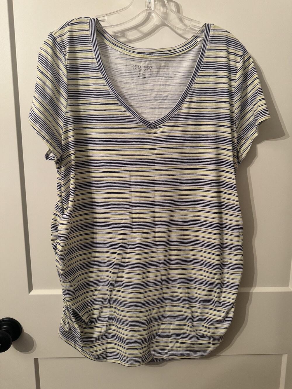 A:glow T Shirt Womens XL Blue Striped V Neck Short Sleeve Maternity Tunic Top